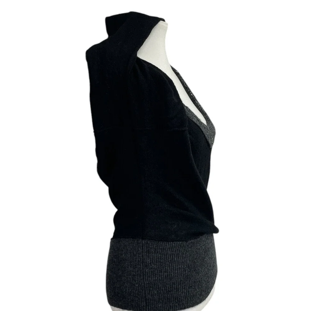 Free People Deep V Neck Sweater. Large. Wool Blend slouchy grey gray black shiny